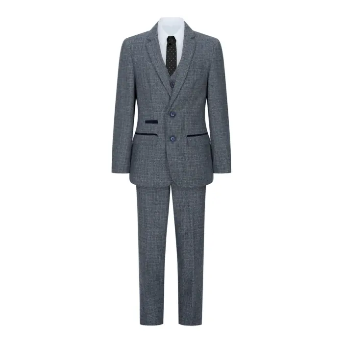 Boys 3 Piece Suit Navy Blue Tweed Check Vintage Retro Tailored Fit 1920s - Image 2
