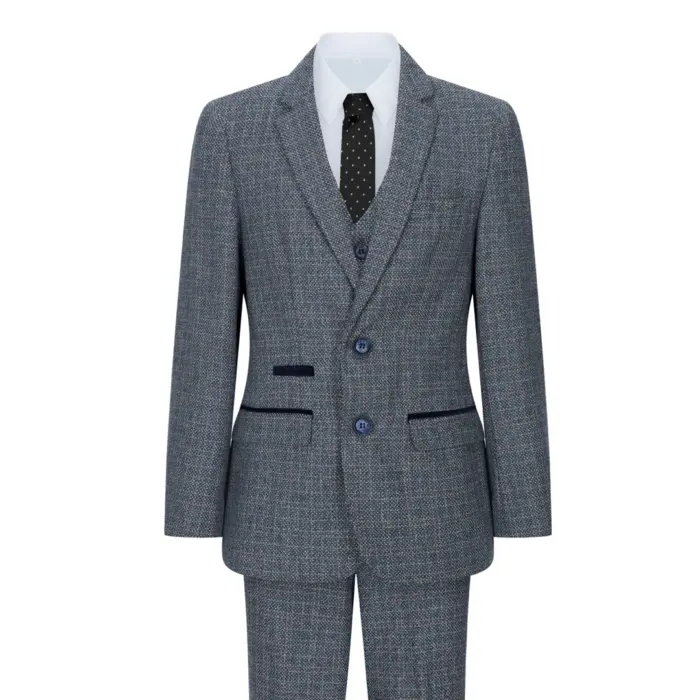 Boys 3 Piece Suit Navy Blue Tweed Check Vintage Retro Tailored Fit 1920s - Image 1