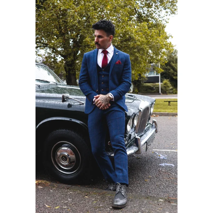 Mens Blue 3 Piece Suit Herringbone Tweed Checked Formal Dress Suits - Image 2