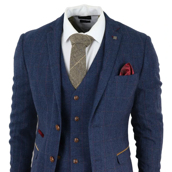 Mens Blue 3 Piece Suit Herringbone Tweed Checked Formal Dress Suits - Image 4