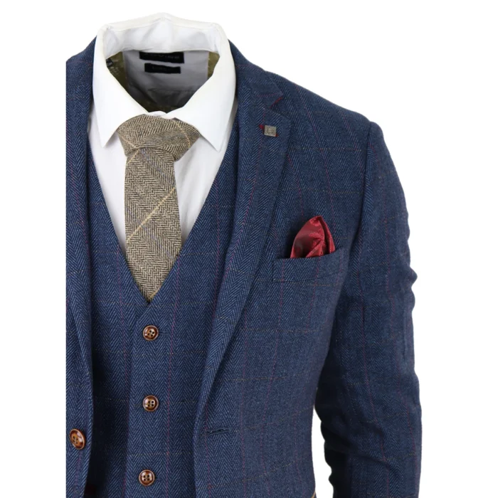 Mens Blue 3 Piece Suit Herringbone Tweed Checked Formal Dress Suits - Image 5