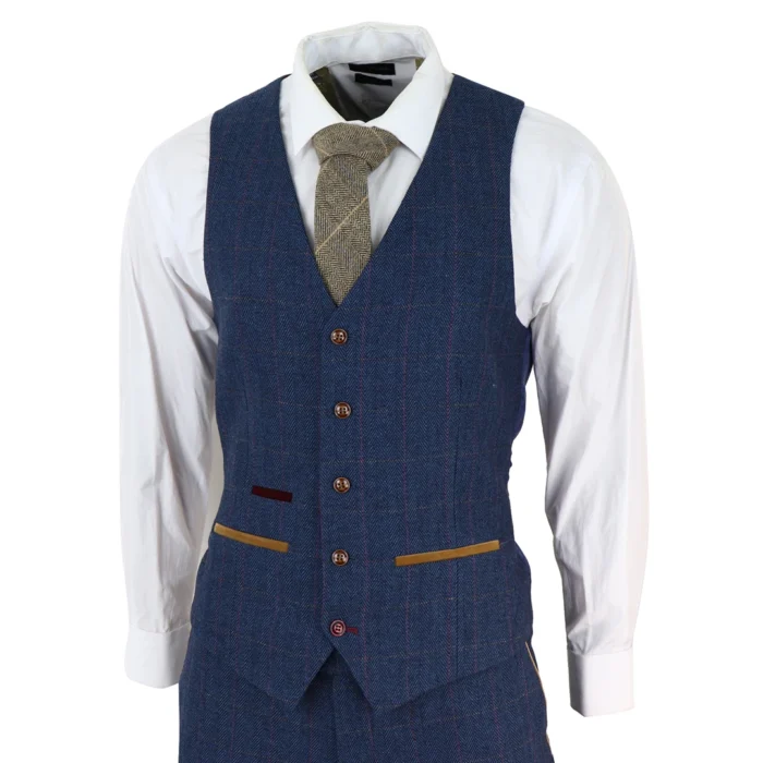 Mens Blue 3 Piece Suit Herringbone Tweed Checked Formal Dress Suits - Image 6