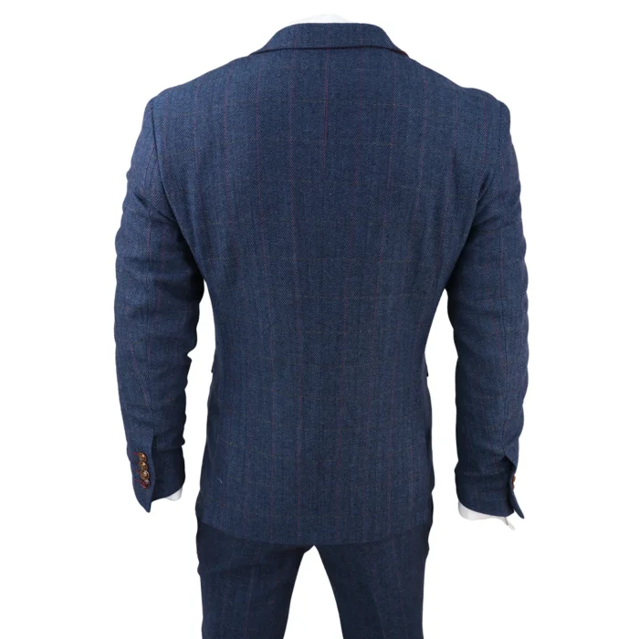 Mens Blue 3 Piece Suit Herringbone Tweed Checked Formal Dress Suits - Image 7