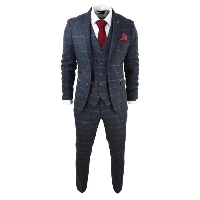 Mens Navy Blue 3 Piece Suit Herringbone Tweed Checked Formal Dress Suits - Image 3