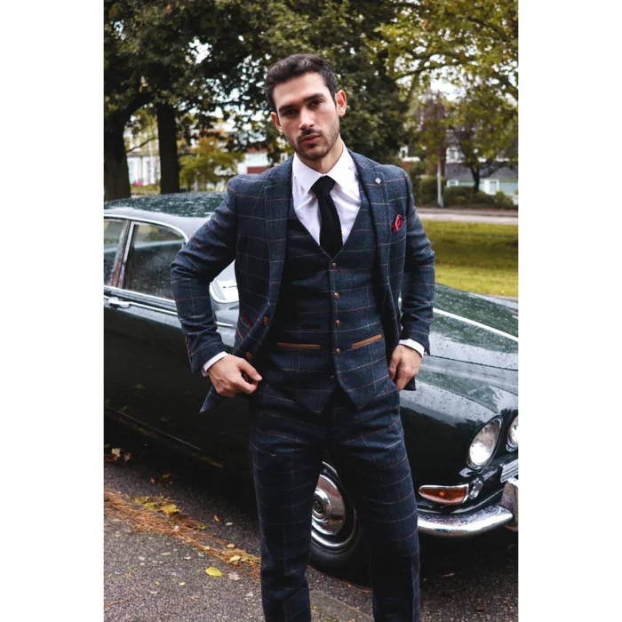 Mens Navy Blue 3 Piece Suit Herringbone Tweed Checked Formal Dress Suits - Image 2