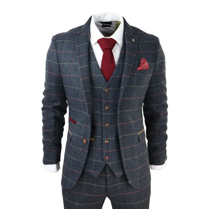 Mens Navy Blue 3 Piece Suit Herringbone Tweed Checked Formal Dress Suits - Image 1