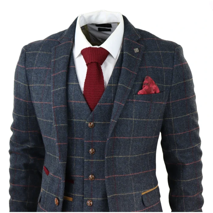 Mens Navy Blue 3 Piece Suit Herringbone Tweed Checked Formal Dress Suits - Image 4