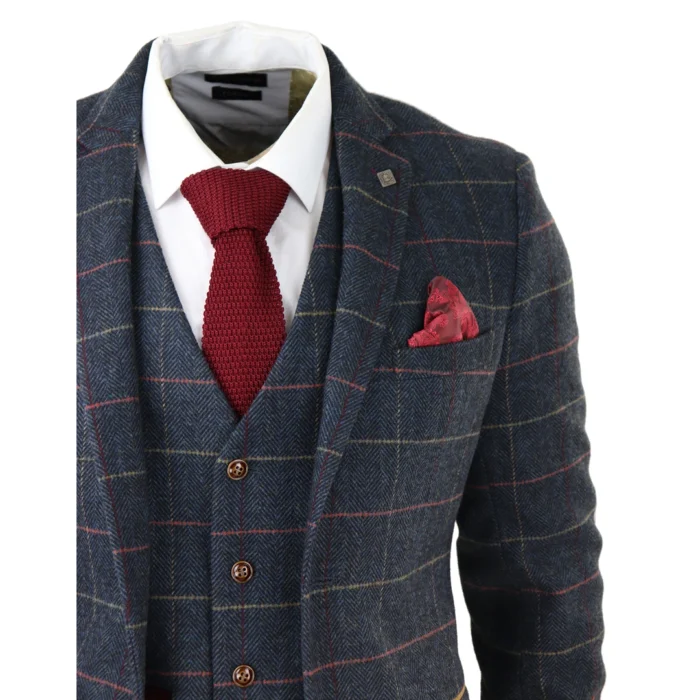 Mens Navy Blue 3 Piece Suit Herringbone Tweed Checked Formal Dress Suits - Image 5