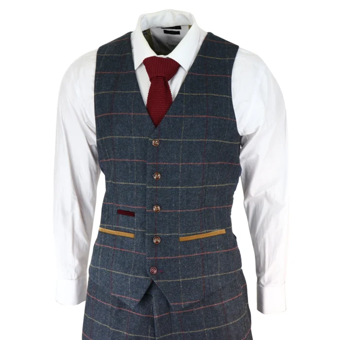 Mens Navy Blue 3 Piece Suit Herringbone Tweed Checked Formal Dress Suits - Image 6