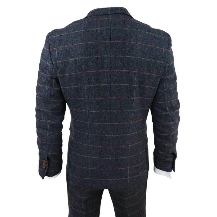 Mens Navy Blue 3 Piece Suit Herringbone Tweed Checked Formal Dress Suits - Image 7