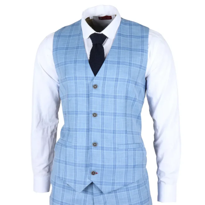 Men's Waistcoat Light Blue Checked Tailored Fit Vest - Image 1