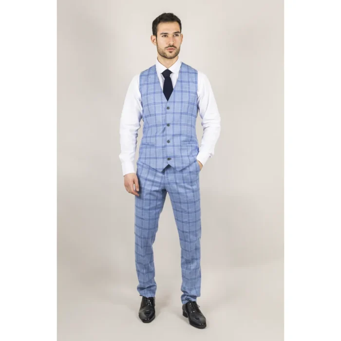 Men's Waistcoat Light Blue Checked Tailored Fit Vest - Image 2