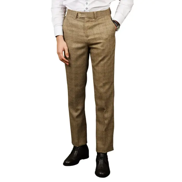 Men's Trousers Brown Checked Formal Pants - Image 1