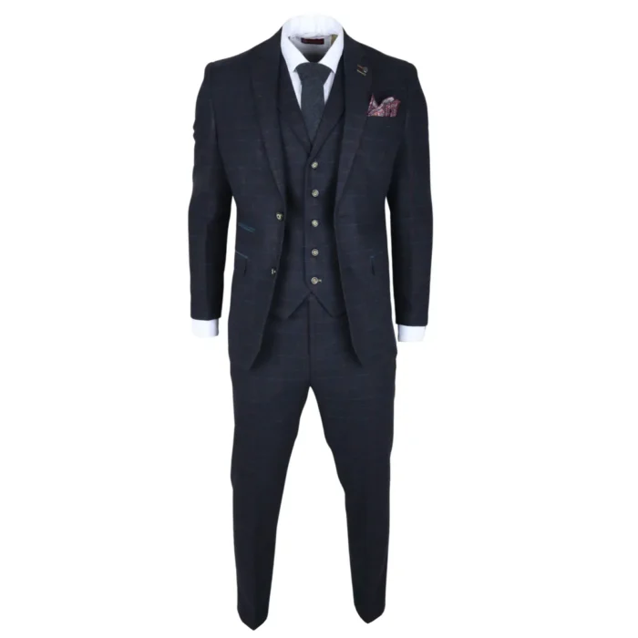 Men's Suit Wool Blend 3 Piece Navy Blue Herringbone Check Tweed Slim Fit Formal Dress - Image 3