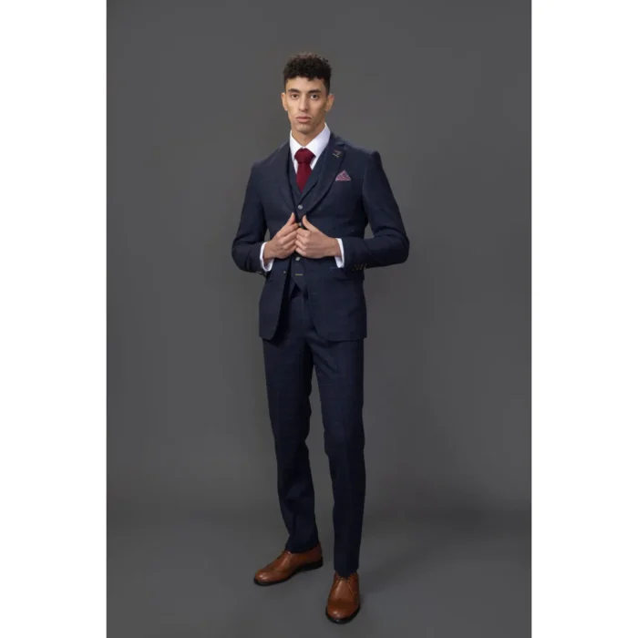 Men's Suit Wool Blend 3 Piece Navy Blue Herringbone Check Tweed Slim Fit Formal Dress - Image 2