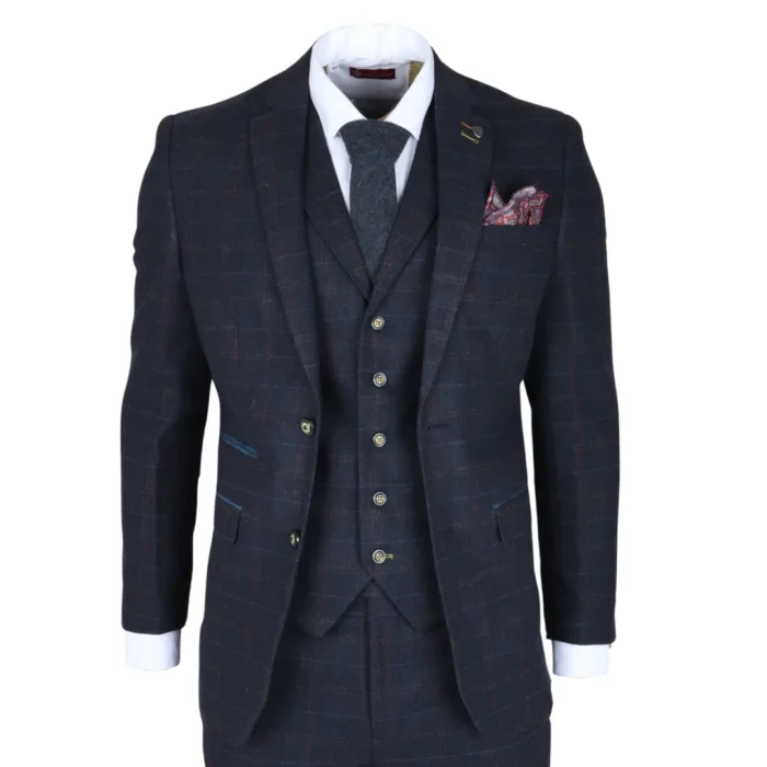 Men's Suit Wool Blend 3 Piece Navy Blue Herringbone Check Tweed Slim Fit Formal Dress - Image 1