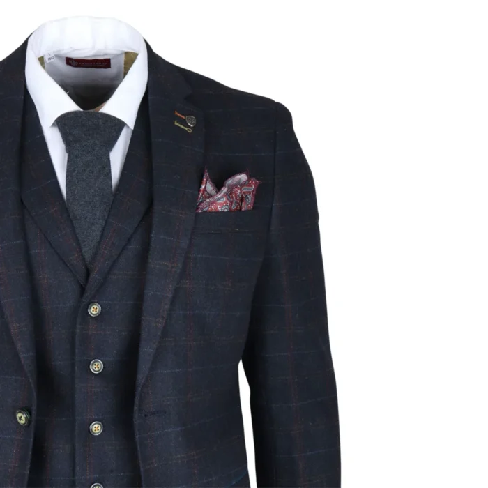 Men's Suit Wool Blend 3 Piece Navy Blue Herringbone Check Tweed Slim Fit Formal Dress - Image 4