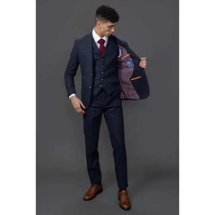 Men's Suit Wool Blend 3 Piece Navy Blue Herringbone Check Tweed Slim Fit Formal Dress - Image 6
