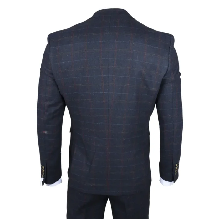 Men's Suit Wool Blend 3 Piece Navy Blue Herringbone Check Tweed Slim Fit Formal Dress - Image 8