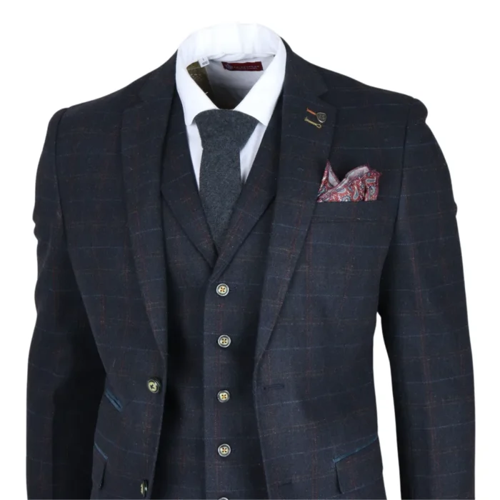 Men's Suit Wool Blend 3 Piece Navy Blue Herringbone Check Tweed Slim Fit Formal Dress - Image 5