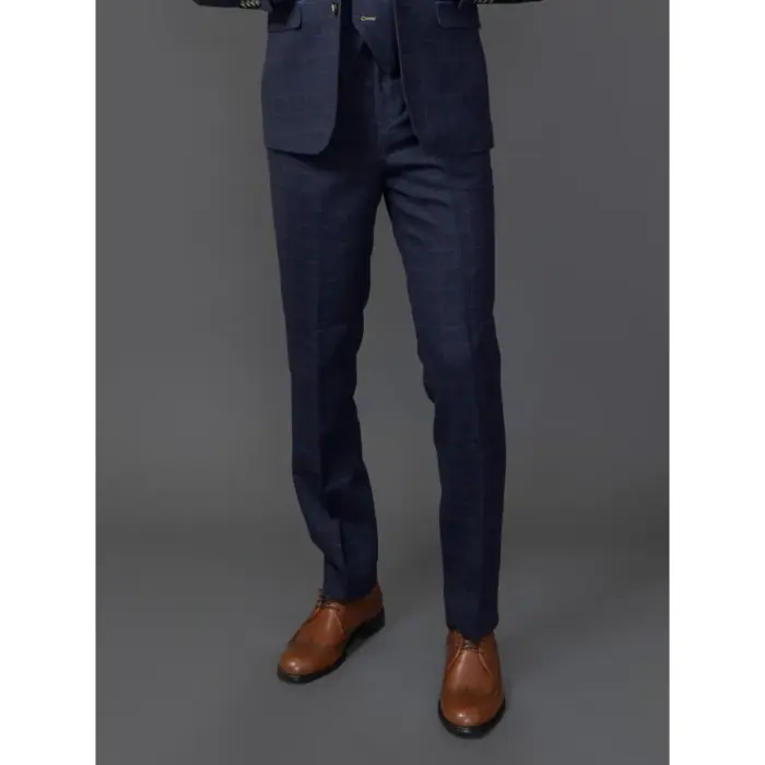 Men's Trousers Wool Blend Navy Blue Herringbone Check Tweed Formal Pants - Image 1