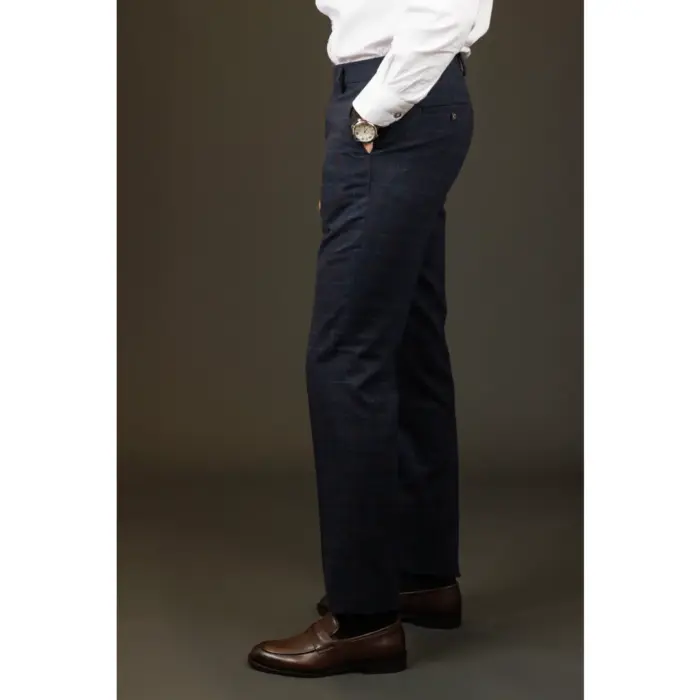 Men's Trousers Wool Blend Navy Blue Herringbone Check Tweed Formal Pants - Image 2