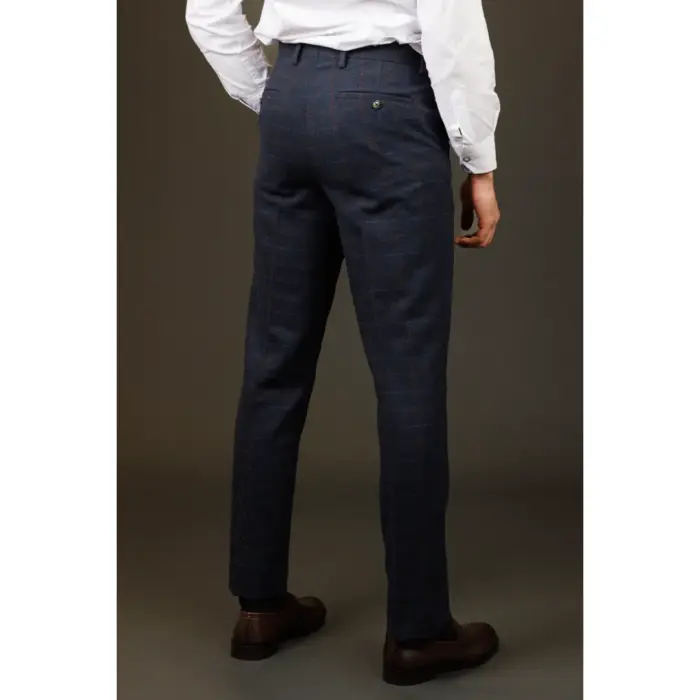 Men's Trousers Wool Blend Navy Blue Herringbone Check Tweed Formal Pants - Image 3