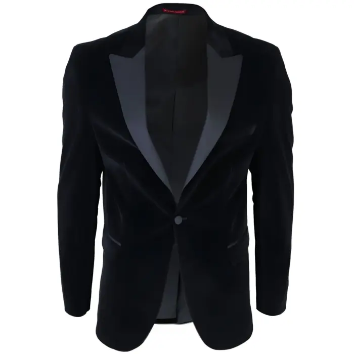 Mens Black Velvet Tuxedo Blazer Satin Peak Lapels Dinner Jacket Wedding Prom Black Tie - Image 1