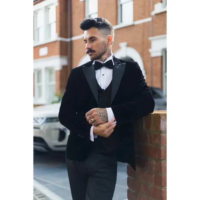 Mens Black Velvet Tuxedo Blazer Satin Peak Lapels Dinner Jacket Wedding Prom Black Tie - Image 2