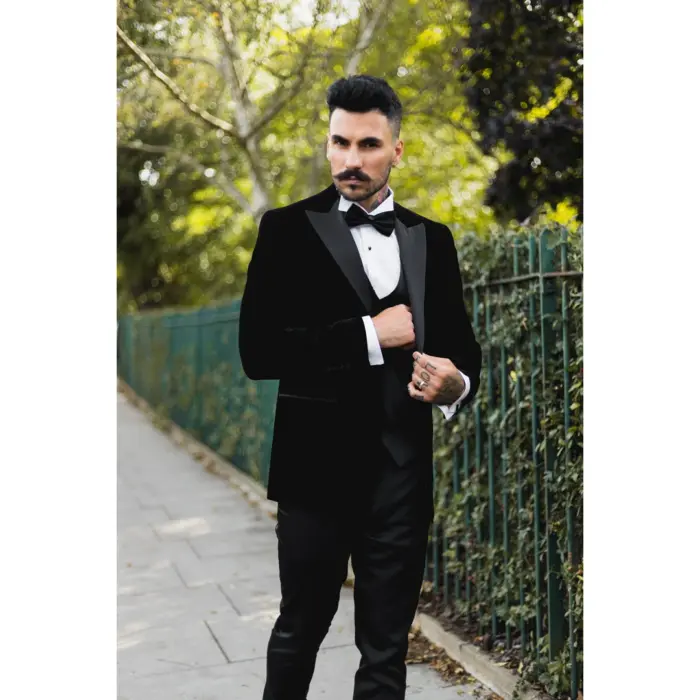 Mens Black Velvet Tuxedo Blazer Satin Peak Lapels Dinner Jacket Wedding Prom Black Tie - Image 3
