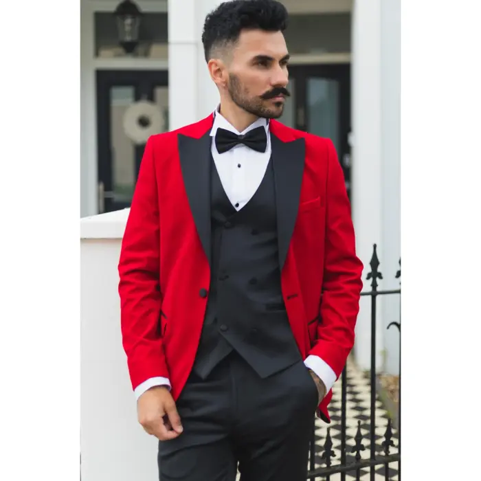 Mens Red Velvet Tuxedo Blazer Satin Peak Lapels Dinner Jacket Wedding Prom Black Tie - Image 2