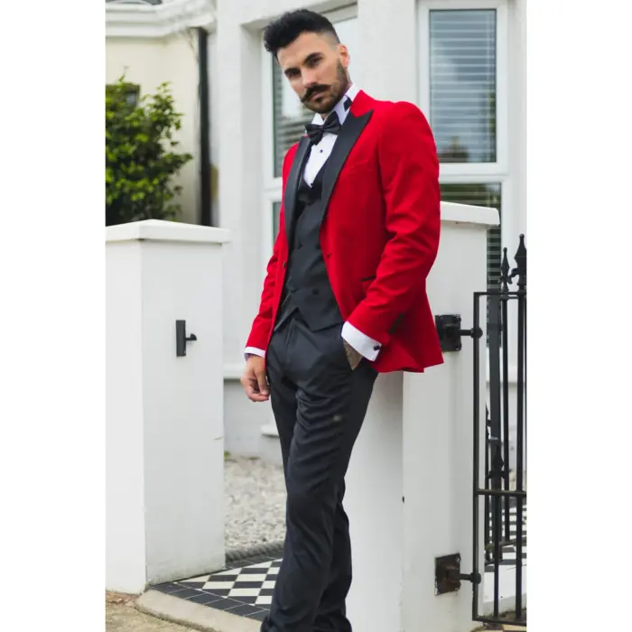 Mens Red Velvet Tuxedo Blazer Satin Peak Lapels Dinner Jacket Wedding Prom Black Tie - Image 3