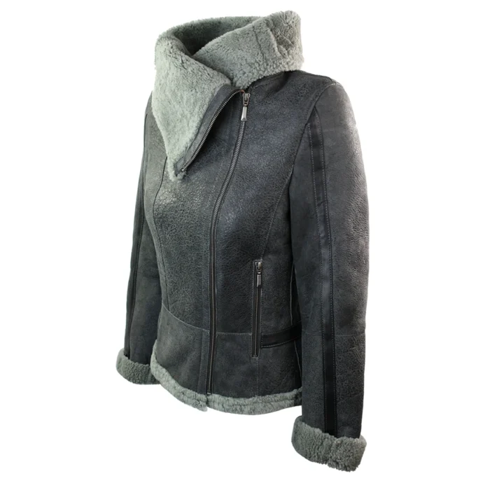 Ladies Women Short Biker Style Real Shearling Sheepskin Aviator Flying Leather Jacket Grey - Image 3