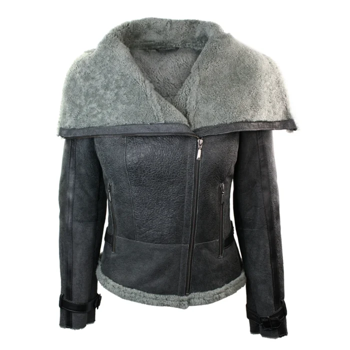 Ladies Women Short Biker Style Real Shearling Sheepskin Aviator Flying Leather Jacket Grey - Image 1