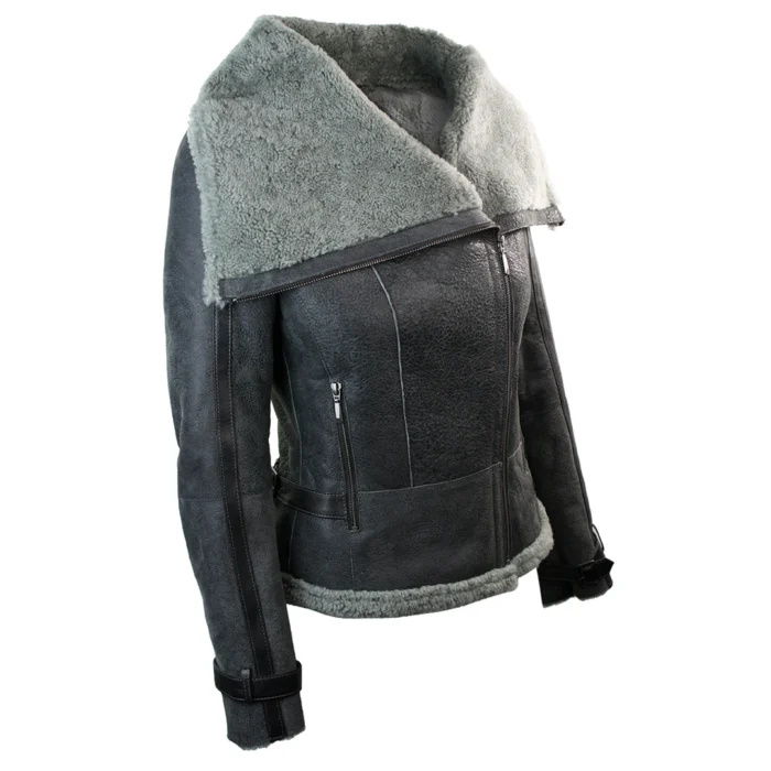Ladies Women Short Biker Style Real Shearling Sheepskin Aviator Flying Leather Jacket Grey - Image 2
