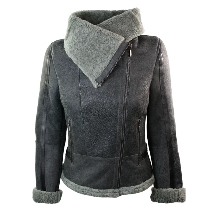 Ladies Women Short Biker Style Real Shearling Sheepskin Aviator Flying Leather Jacket Grey - Image 5