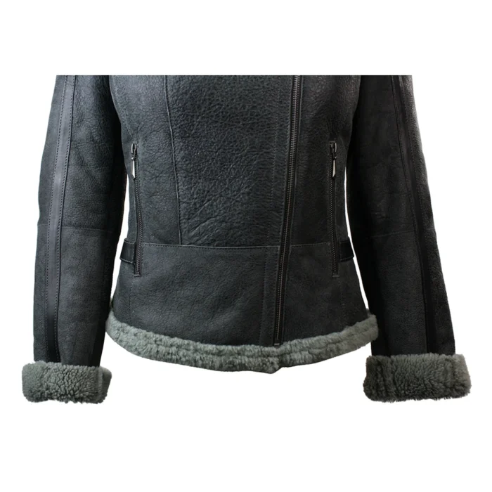 Ladies Women Short Biker Style Real Shearling Sheepskin Aviator Flying Leather Jacket Grey - Image 6
