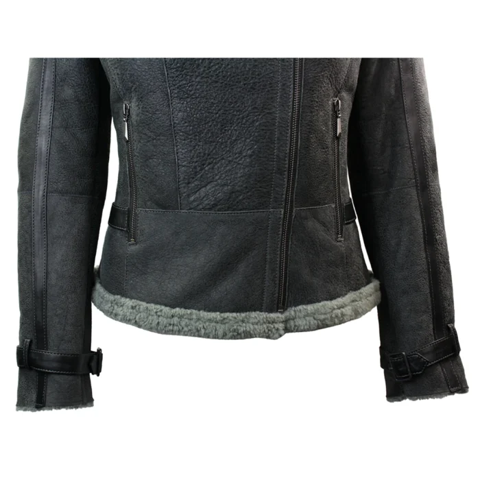 Ladies Women Short Biker Style Real Shearling Sheepskin Aviator Flying Leather Jacket Grey - Image 7