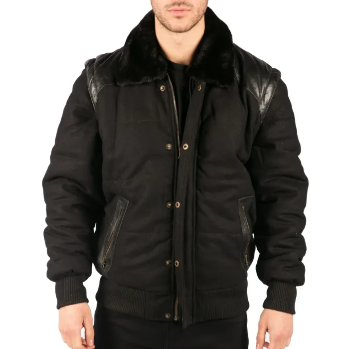 Men's Black Leather Shoulder Patches Bomber Jacket with Removable Sleeves - Image 1