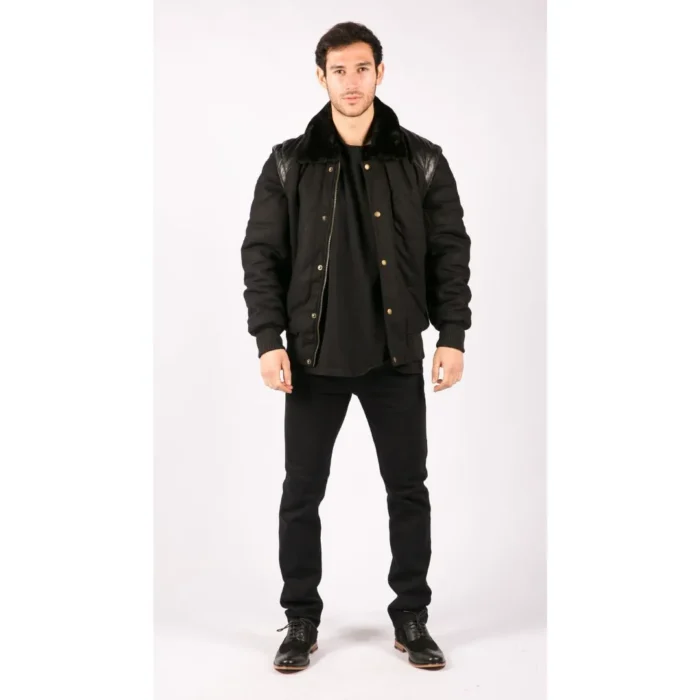 Men's Black Leather Shoulder Patches Bomber Jacket with Removable Sleeves - Image 2