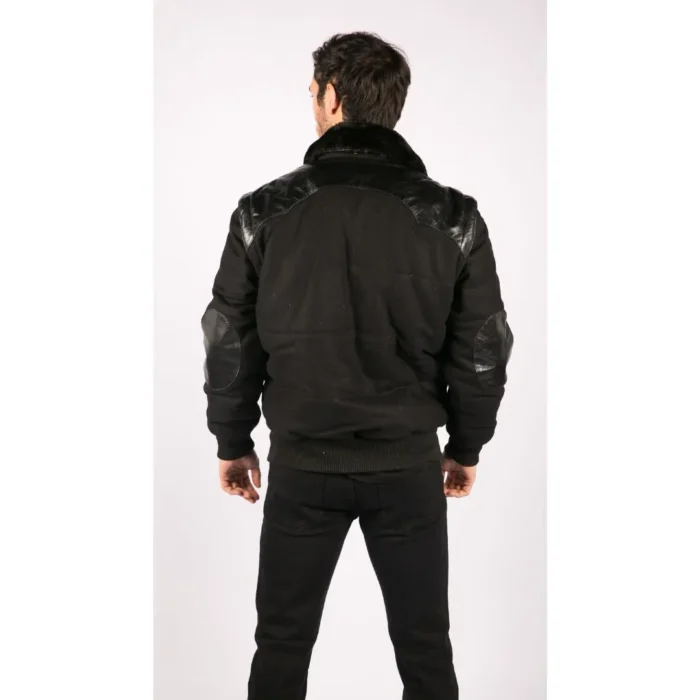 Men's Black Leather Shoulder Patches Bomber Jacket with Removable Sleeves - Image 7