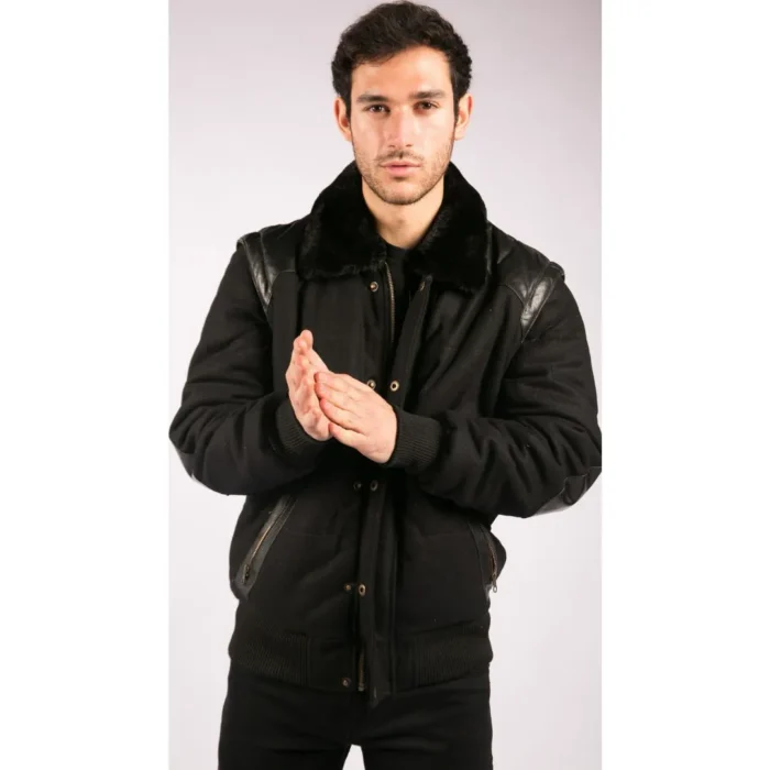 Men's Black Leather Shoulder Patches Bomber Jacket with Removable Sleeves - Image 5