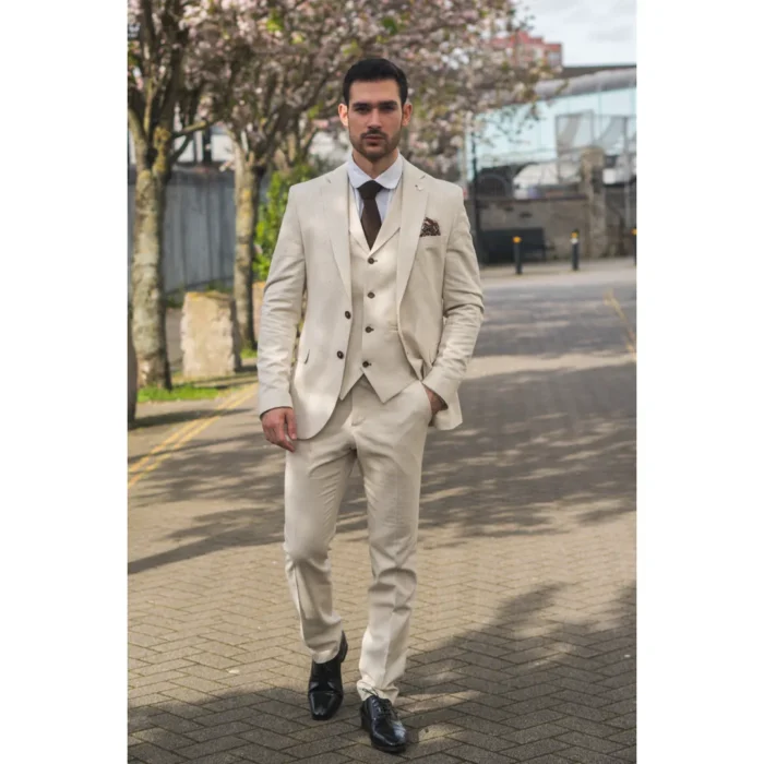 TruClothing TP-21 - Men's Beige 3 Piece Linen Summer Suit - Image 2
