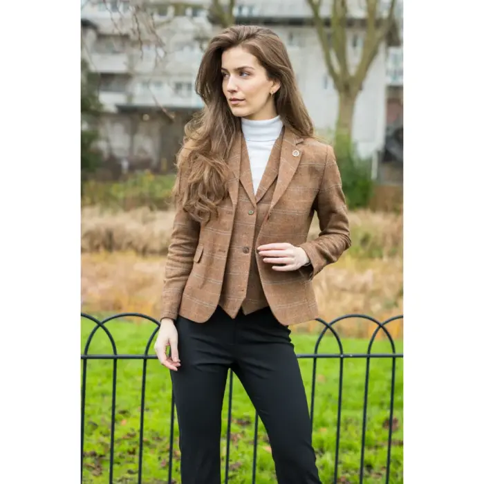 Women's Oak Brown Wool Blend Tweed Herringbone Checkered Blazer Waistcoat - Image 2