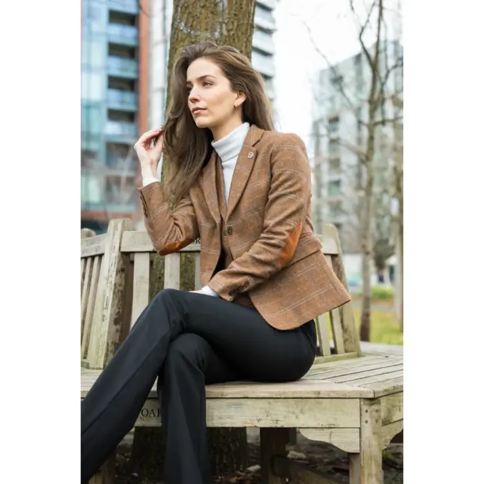 Women's Oak Brown Wool Blend Tweed Herringbone Checkered Blazer Waistcoat - Image 7