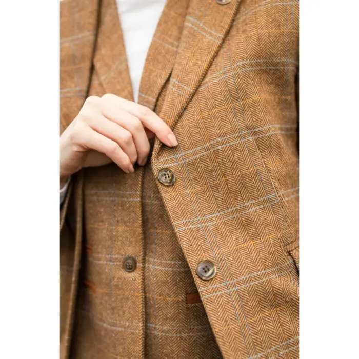 Women's Oak Brown Wool Blend Tweed Herringbone Checkered Blazer Waistcoat - Image 6