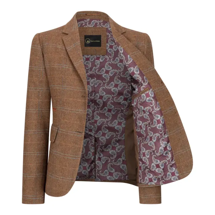Women's Oak Brown Wool Blend Tweed Herringbone Checkered Blazer Waistcoat - Image 4