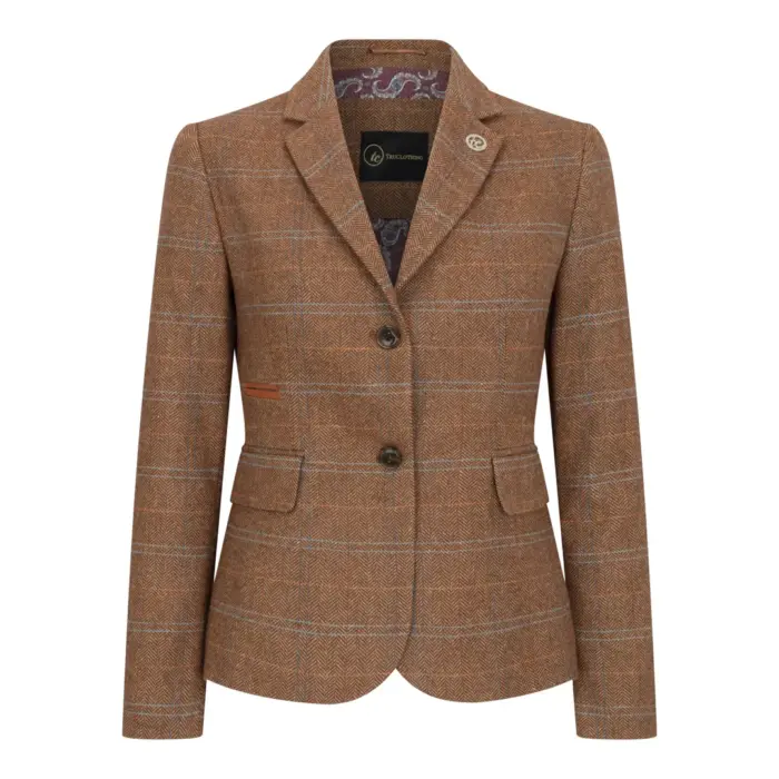 Women's Oak Brown Wool Blend Tweed Herringbone Checkered Blazer Waistcoat - Image 1
