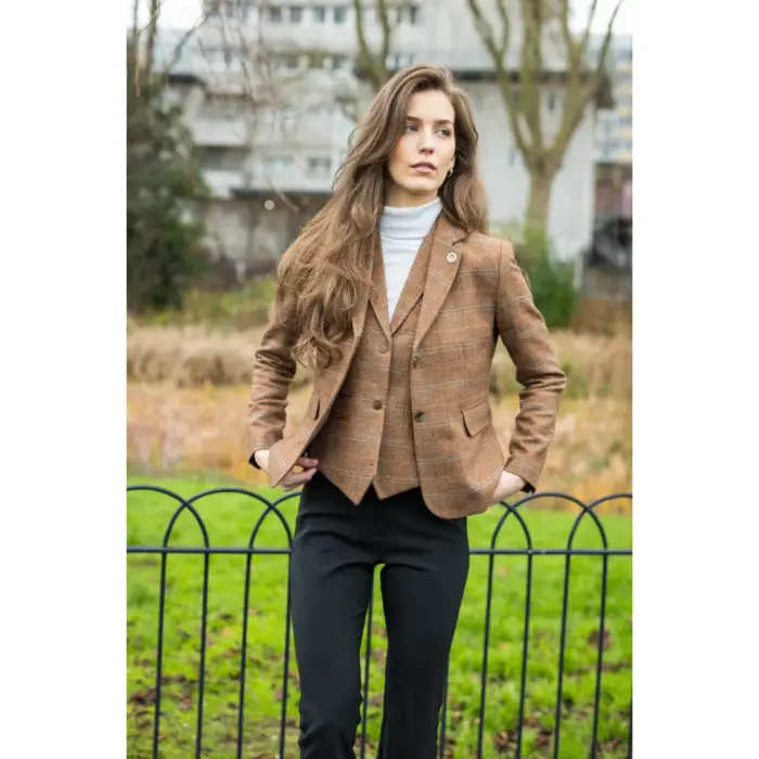 Women's Oak Brown Wool Blend Tweed Herringbone Checkered Blazer Waistcoat - Image 3