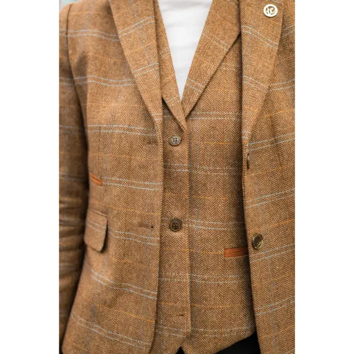 Women's Oak Brown Wool Blend Tweed Herringbone Checkered Blazer Waistcoat - Image 5